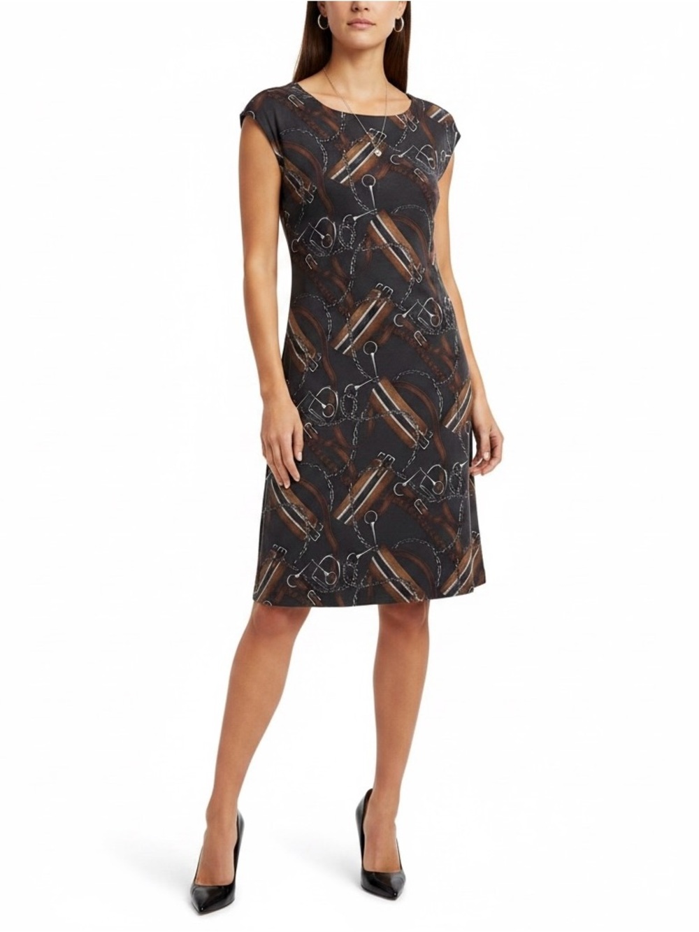 Lauren Ralph Lauren Brown&Black Cap-Sleeve Silk Dress Sz MP | EUC